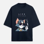 D-VIBE Life Cat Premium Oversized Graphic T-Shirt - Navy Blue